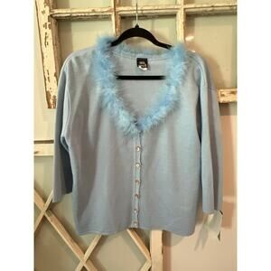 NWT Vintage Smooches light blue cardigan sweater with faux fur collar 2X